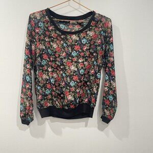 Mason + Mackenzie Floral Semi Sheer Black Long Sleeve Blouse Size XS